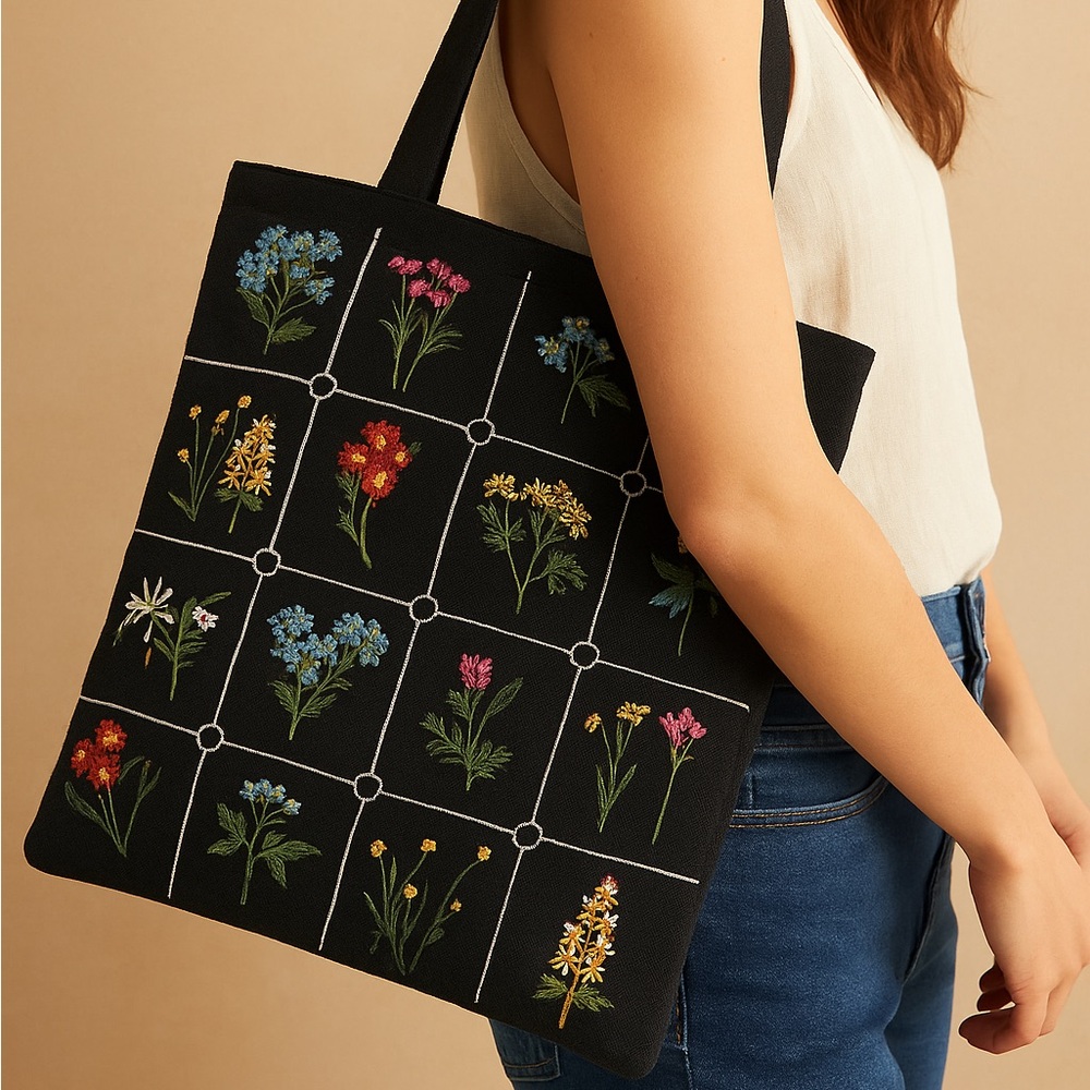 Floral Embroidered Black Tote Bag - Picture 3 of 10